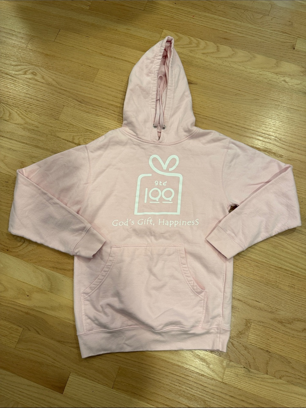 Women’s Light Pink Graphic Hoodie Sweatshirt- 'God's Gift, Happiness' size small